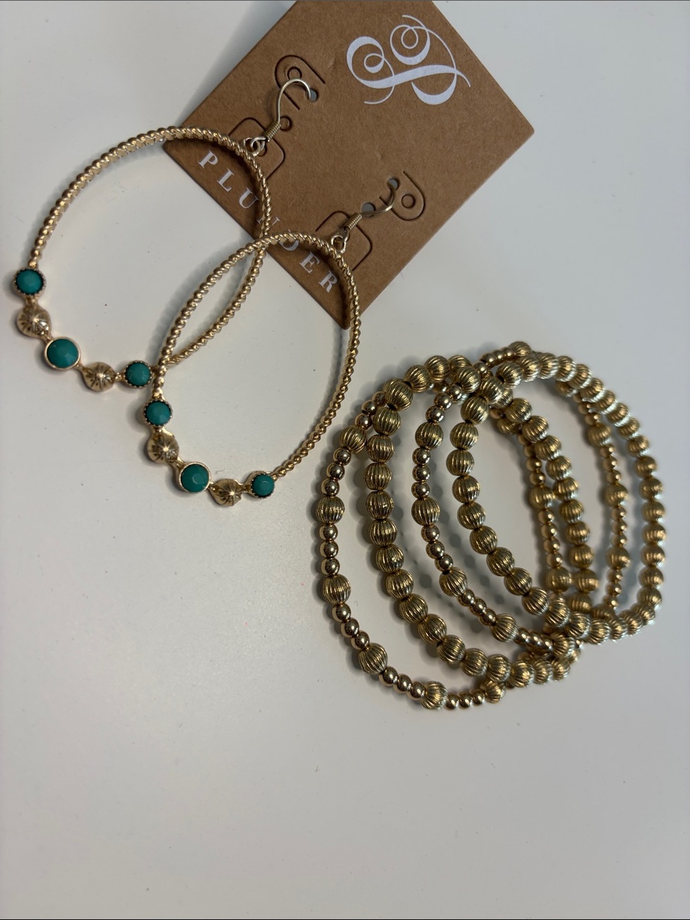 Plunder Gold Hoop Earrings with Teal Stone Accents & 4 bracelets NWT NEW